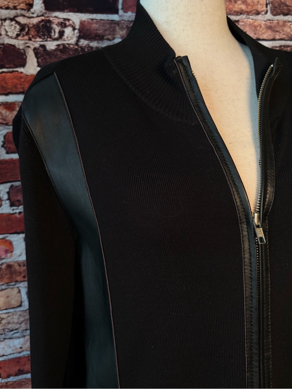 INC Int Concepts Silk Blend Black Sweater Leather Trim Cardigan Jacket 1X